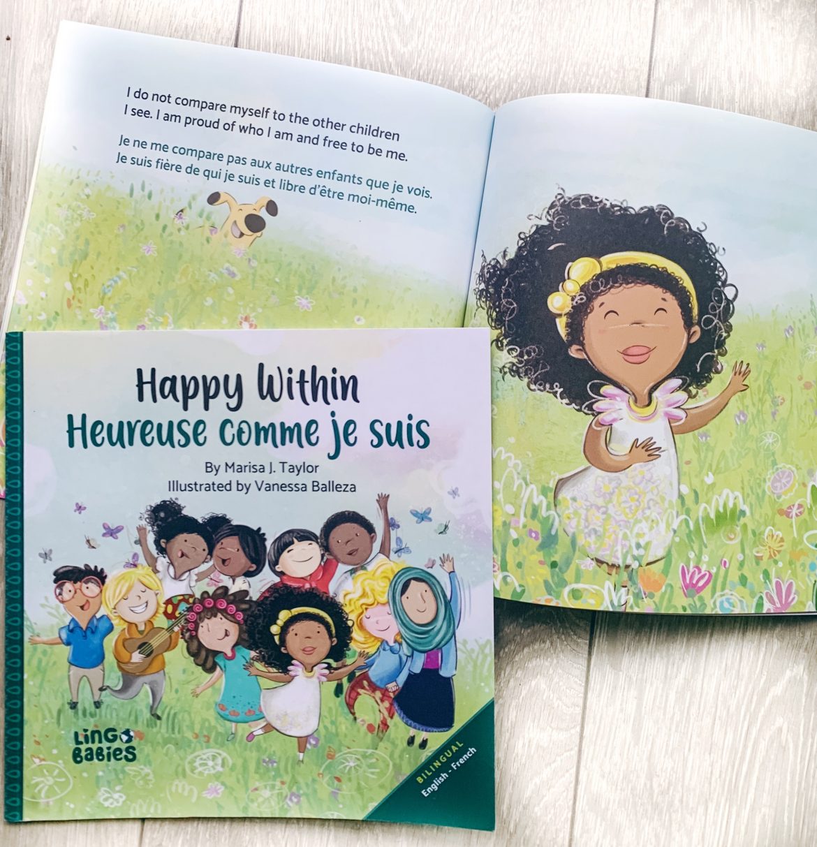 happy within book, bilingual kids book, diverse kids books, livre bilingue, bilingue anglais français, bilingual French, bilingual kids, diverse books, picture books, eyfs, marisa Taylor, happy within, lingobabies